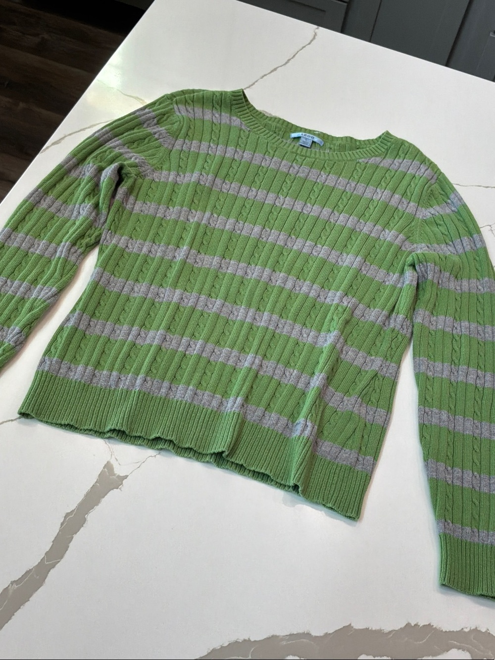 Izod Large Green and Gray Striped Cable-Knit Sweater Womens